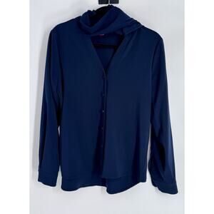 Vince Camuto Navy Blue Button-Front Long Sleeve Tie Neck Stretch Blouse S